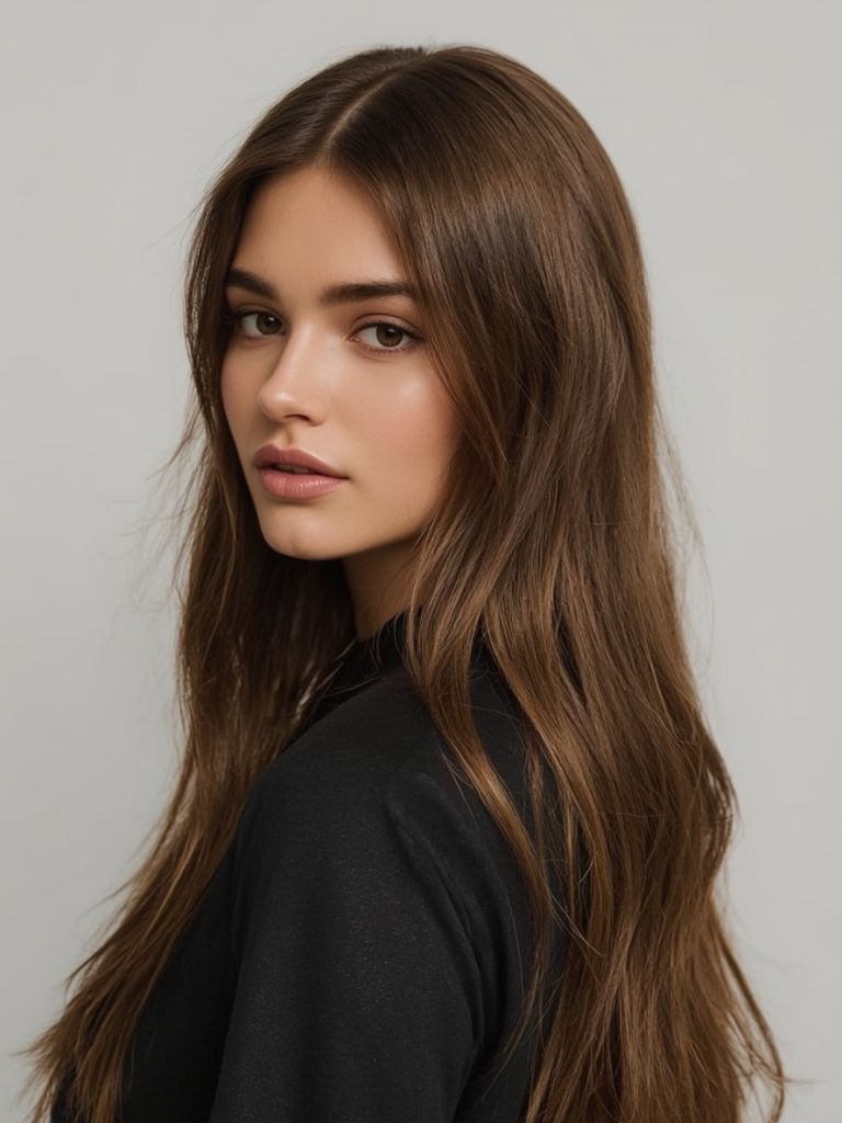 The Middle Part With Curtain Bangs Butterfly Haircut Long Hair For Round Face